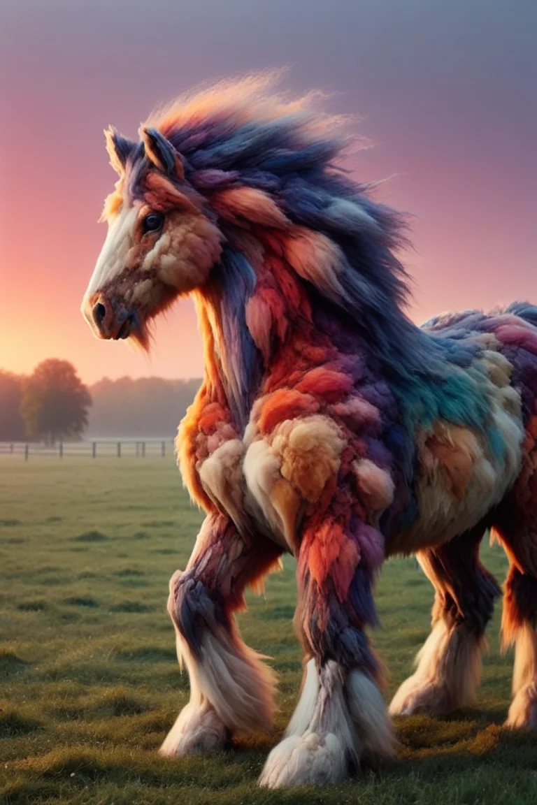 martius_fuzz horse, pasture at dawn, colorful <lora:Colorful_Fuzzy_Style:1.2>