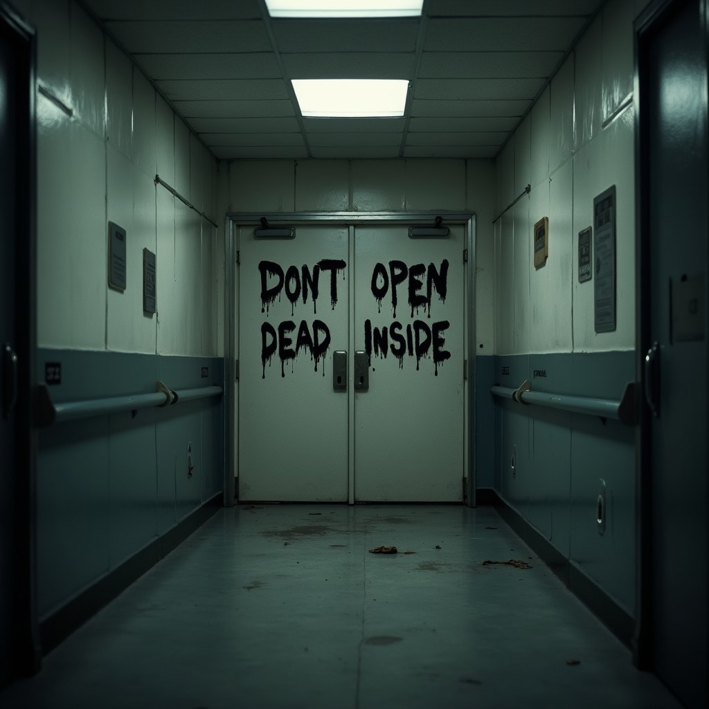 This image taken inside an empty and dark hallway at an abounded hospital, looking at a closed double door, with a text "DONT OPEN DEAD INSIDE" written with black paint covering whole door, overall image gives scary and suspense vibes, inspired from walking dead tv series