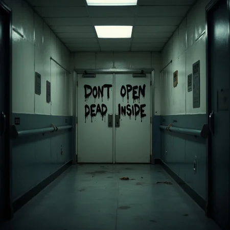 This image taken inside an empty and dark hallway at an abounded hospital, looking at a closed double door, with a text "DONT OPEN DEAD INSIDE" written with black paint covering whole door, overall image gives scary and suspense vibes, inspired from walking dead tv series