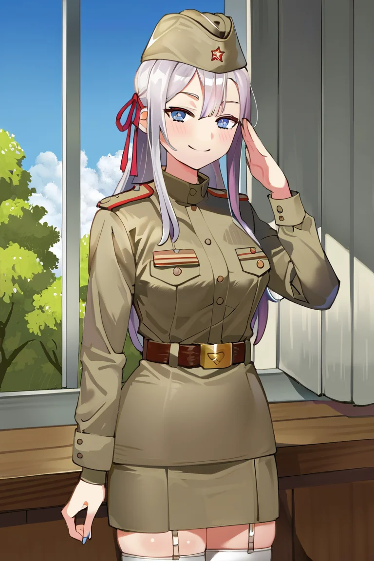 score_9,score_8_up,score_7_up,masterpiece,best quality,absurdres,high resolution,extremely detailed,zPDXL2,traditional media,source_anime BREAK yom style,by yomu,<lora:alisa mikhailovna kujou-PonyXL:0.8:lbw=1,0.4,0.4,0.7,1,1,1,1,1,1,1,1>,alisa mikhailovna kujou,blue eyes,silver hair,long hair,red hair ribbon,standing,Soviet Military uniform,Soviet garrison cap,belt,salute,look at the viewer,smile,miniskirt,white thighhighs,indoors,window,tree,<lora:Soviet_Military_Uniform:0.7:lbw=1,1,1,1,1,1,1,1,0,0,0,0>,<lora:toridamono_PonyXL_style_v01:0.8:lbw=1,0.1,0.3,0.4,0.5,0.5,1,1,1,1,1,1>,