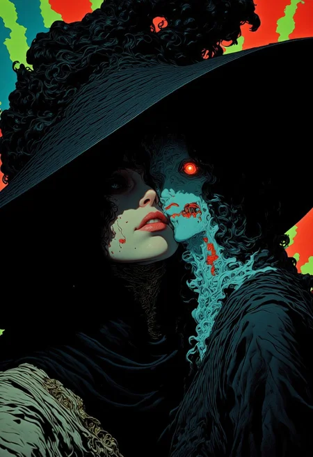 A hyper-detailed, photorealistic extreme close-up captures a freckled witch with deadly gaze in dramatic lighting, her deep neckline partially veiled beneath cascading strands of thick, raven-black hair. Her porcelain skin contrasts with the inky darkness enveloping her, each freckle appearing distinct under the moody illumination. Her smile exhaling an unseen whisper, while her eyes—partially obscured by shadow—glow with an eerie intensity as she follows something unseen above. The heavy fabric of her wide-brimmed witch’s hat bends subtly at the edges, casting a soft, cinematic shadow across her high cheekbones. Streaks of desaturated crimson and inky black highlight her hair, enhancing the spectral monochrome palette. Behind her, an ethereal specter takes shape—a haunting apparition of a rococo princess, its translucent form barely clinging to reality. The ghostly figure flickers between existence and nothingness, its intricate lace gown and powdered curls distorting like a corrupted memory, its eerie, frozen smile radiating a silent threat. Glitch-like distortions ripple through its presence, sending shivers through the air. The background pulses with an unnatural RGB spectral gradient, neon hues shifting unpredictably like a broken screen struggling to contain something beyond comprehension. The scene is an intoxicating blend of gothic horror and surreal elegance, where beauty and terror intertwine in a moment frozen between dimensions.