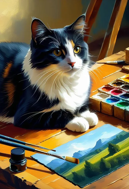 style studio shading from above, color field painting, luminism, digital brush strokes, cg graphic illustration,
3D animation, cat looking at viewer, focus on animal, no people, illustration, acrylic painting, palette knife and brush strokes,
in the style of Jean Baptiste, Simeon Chardin, Alexey Venetsianov, Camille Corot, Ghibli Genshin Impact studio