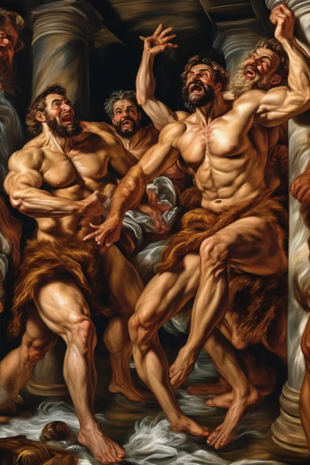 <lora:Tintoretto Style:1>Tintoretto Style - hairy muscular men frolicking in a gay hammam in the style of jacob jordaens
