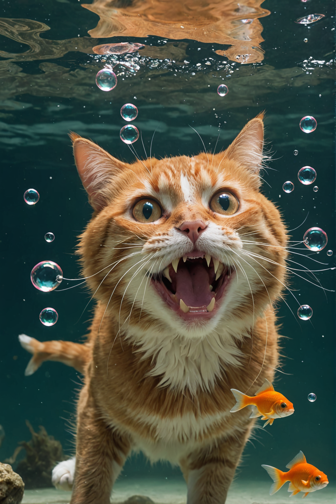cat, making goofy faces under water, lie the wind is blowing in her open mouth bubbles wide. an annoyed goldfish swims by