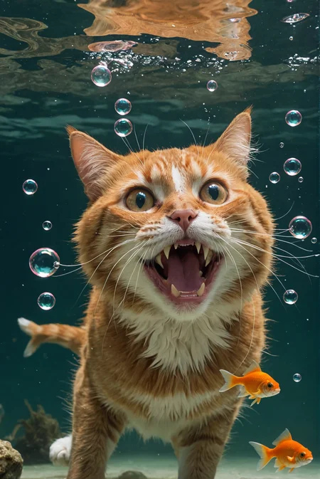 cat, making goofy faces under water, lie the wind is blowing in her open mouth bubbles wide. an annoyed goldfish swims by