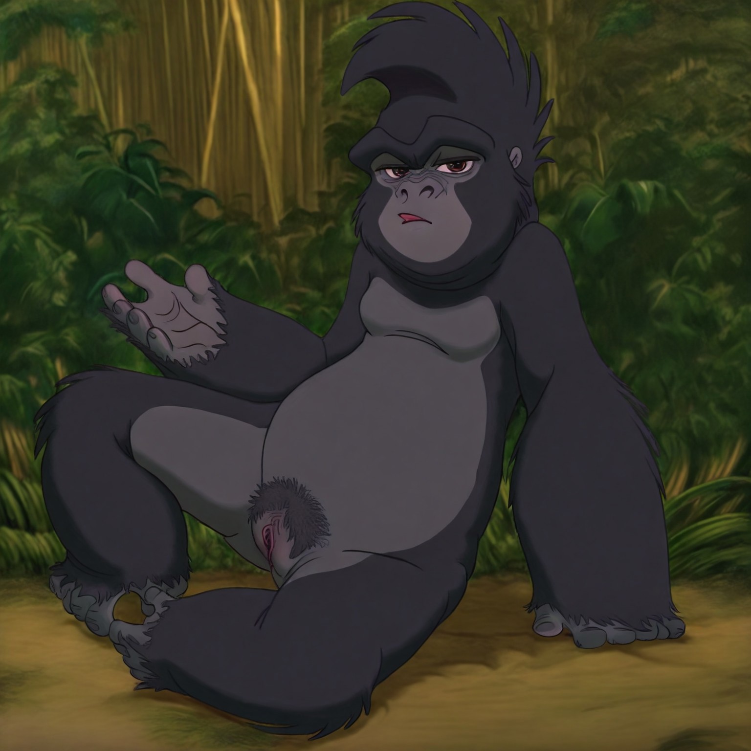 Terk, 1girl, gorilla, solo, grey skin, (fur), black alfalfa hair style,
small breasts, gorilla pussy, very hairy pussy, 
jungle, trees, looking at viewer, seductive look, seductive pose, laying on ground
