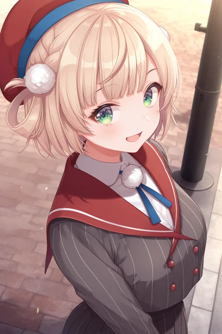 1girl,
ShigureUiVTuber,
safe, solo, dutch angle, from side, from above, half body,
beret, side braid, hair rings, pom pom hair ornament,
shiny hair, smile, open mouth,
red sailor collar, neck ribbon, pom pom (clothes),
vertical stripes, striped jacket,
puffy sleeves, collared shirt, large breast,
striped skirt,
walking, looking away,
wind, street,
<lora:kp_ShigureUiVTuber1stCostumeIllustrious_v1_0:1.0>,
<lora:recorder_Illust_v1:0.8>,
masterpiece, best quality, amazing quality