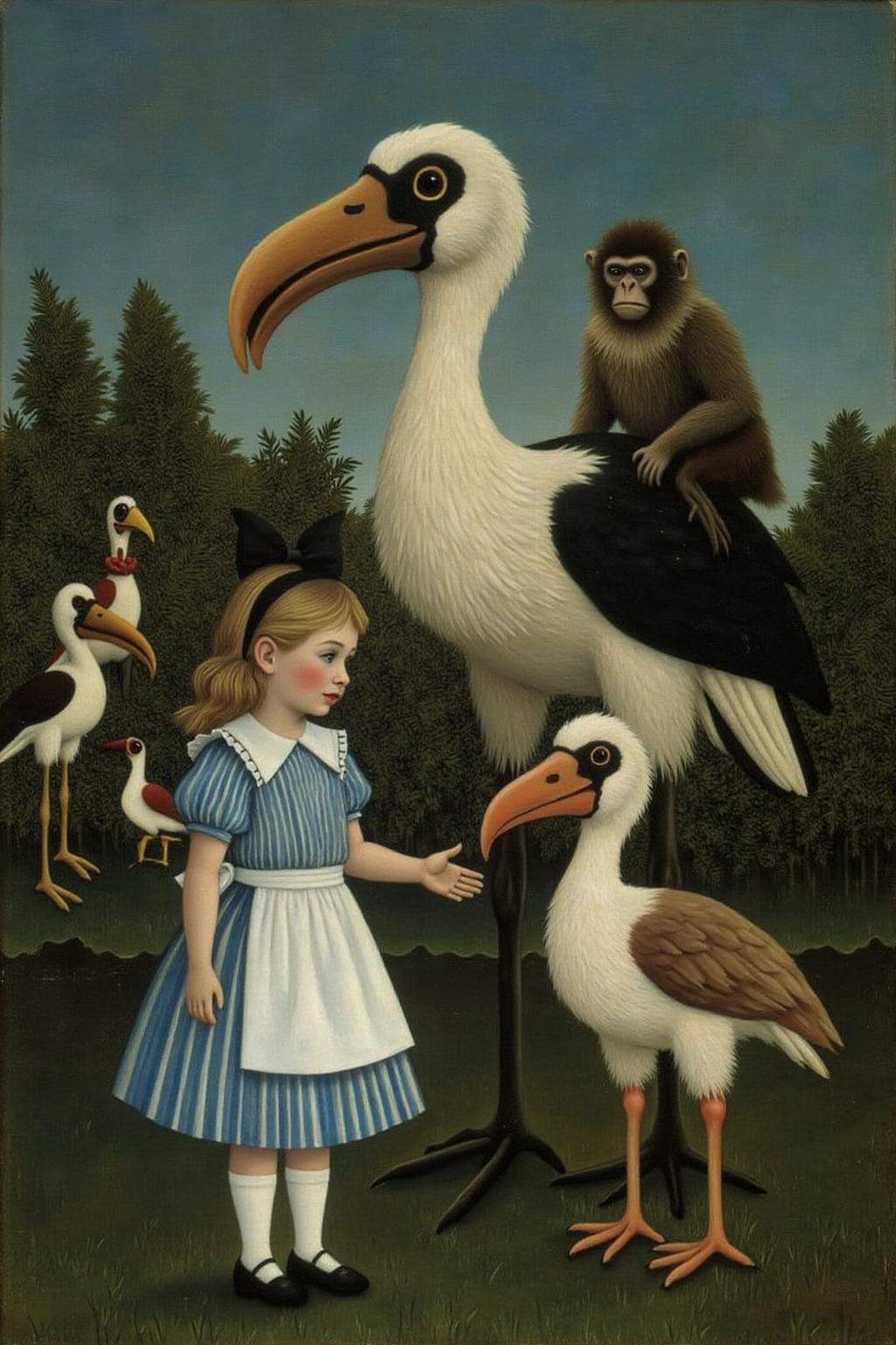 henrirousseau2 painting.
 joten1. A fantastical encounter between a young girl, Alice, and a giant, prehistoric-looking bird. Alice, wears a blue and white striped dress, a white apron, and white stockings. She is talking with a anthropomorphic Dodo bird. There are other birds and and a monkey behind them,
 <lora:henrirousseau2_cap_d6a3:1.0><lora:834033214092833884:0>