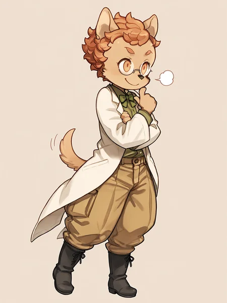 BREAK, <lora:Socks_Million_Illustrious_V1:1>, Socks Million, Fuga: Melodies of Steel, kemono, furry male, young male, 1boy, dog boy, cream fur, orange eyes, orange hair, black nose, animal ears, dog ears, pointy ears, dog tail,
BREAK, Fuga 2 Outift, black boots, khaki pants, green button-up, bowtie, labcoat, glasses,
BREAK, solo, full body, smile, finger on chin, looking away, thinking