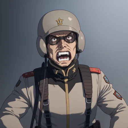 score_9, score_8_up, score_8, solo, adult, <lora:EFF_Soldier_Mobile_Suit_Gundam_Pony_SDXL:1>, eff soldier, uniform, helmet, 1 man, angry, yelling