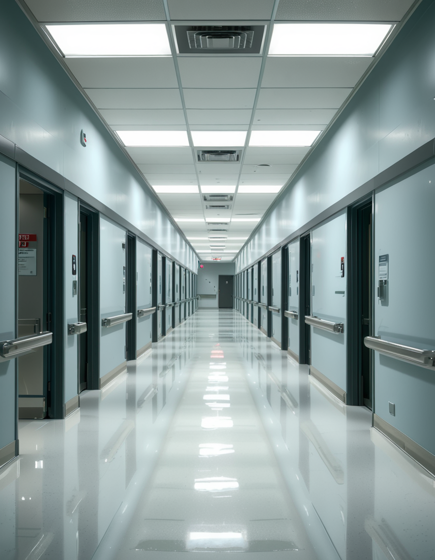 A long, sterile hospital corridor with bright white walls and a polished, reflective floor. The fluorescent ceiling lights cast a cold, clinical glow, emphasizing the cleanliness of the space. The hallway is lined with closed patient rooms, each marked with a small number plate. Stainless steel handrails run along the walls, and a few medical carts are neatly parked near the side. The corridor appears empty, creating a sense of stillness and anticipation. At the far end, a set of double doors with small glass windows leads to another section of the hospital. The atmosphere is quiet, professional, and highly sanitized, evoking a sense of order and precision.
<lora:SDXLFaeTastic2400:0.4> <lora:extremely_detailed:0.4> extremely detailed, <lora:sterile_hospital_c0rr1d0r:1>,sterile hospital c0rr1d0r, Masterpiece,best quality,hi res,8k,hi res,8k,award winning,(sharp focus, intricate, highly detailed),
