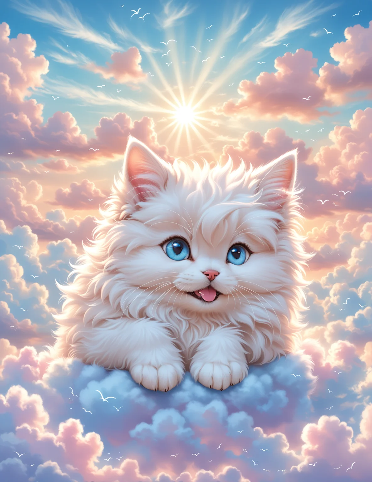 cloud art, cute animals made from clouds, fluffy kittens, cloud fur, playful puppies, soft lighting, pastel colors, whimsical, dreamy sky, detailed, high contrast, hyper-realistic, serene atmosphere, imaginative, gentle, warm sunlight, high-definition