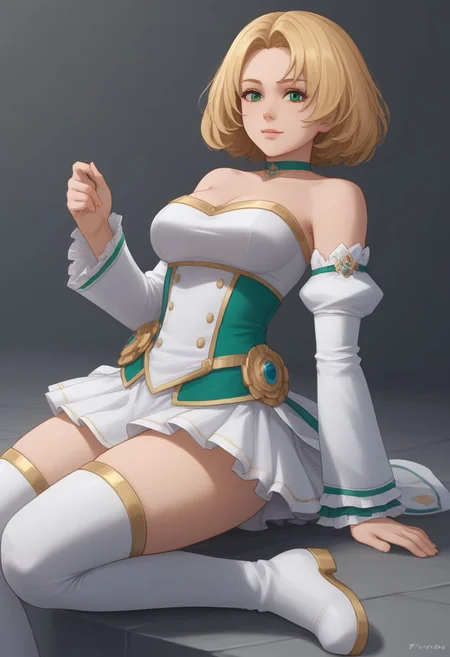 high quality, solo, 1girl, FioraDE, green eyes, blonde, medium hair, white bralette strapless, detached sleeves, skirt, thighhighs, boots, choker,