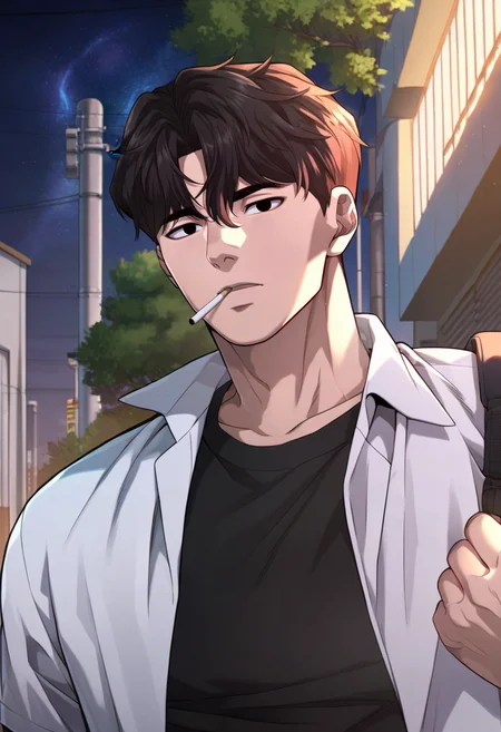 1boy, male focus, solo,
<lora:Character - Questism - Gu_HajunPony-10 (2):1> guhajun, short hair, black hair, black eyes, muscular, muscular male
((zPDXL)), score_9_up, score_8_up, score_7_up, score_6_up, score_5_up, score_4_up, best quality, amazing quality, best aesthetic, absurdres, year2023, uncensored, nsfw, official art, official style, depth of field, detailed eye,
outdoors, night, alley, school uniform, upper body, open shirt, t-shirt, smoking,