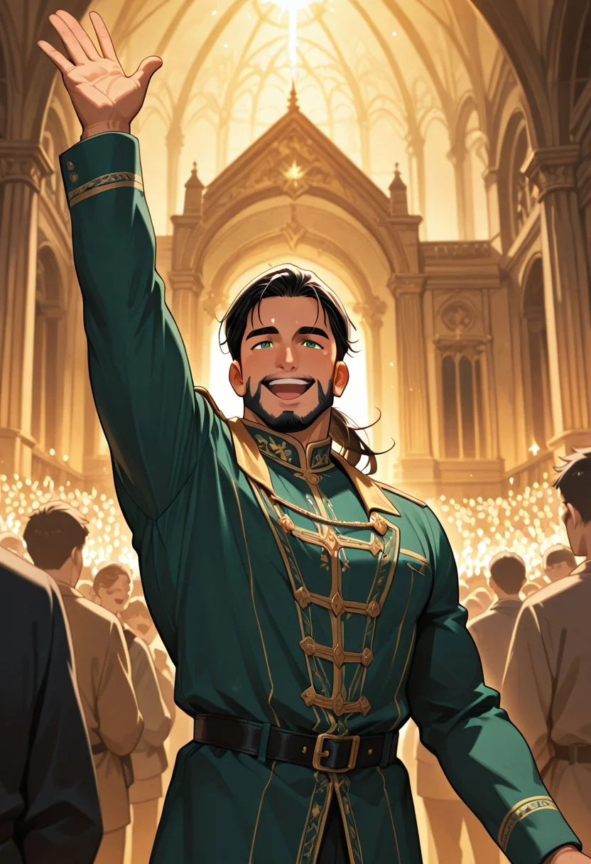 (masterpiece), best quality, 1boy, mbti_enfj, mature man, muscle man, green eyes, black-tied hair, facial hair, grand hall, inspiring speech, crowd cheering, uplifting aura, confident smile, warm lighting, spotlight, regal posture, determined look, leadership, parliament, ornate architecture, flag waving, golden light, blurred background, focus on character