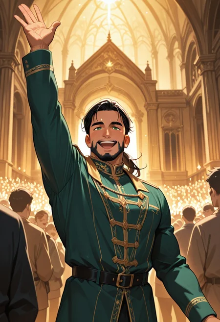 (masterpiece), best quality, 1boy, mbti_enfj, mature man, muscle man, green eyes, black-tied hair, facial hair, grand hall, inspiring speech, crowd cheering, uplifting aura, confident smile, warm lighting, spotlight, regal posture, determined look, leadership, parliament, ornate architecture, flag waving, golden light, blurred background, focus on character
