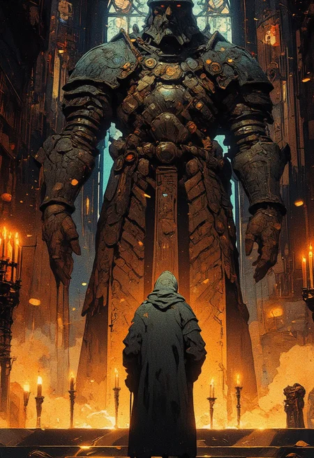 A lone figure stands amidst a sea of flickering candles in a vast, ancient cathedral. The air is thick with incense and mystery, as towering gothic columns stretch high into the darkness. The cathedral is dimly lit, with golden candlelight casting long shadows across the worn stone floor. In the background, an immense statue of a battle-worn warrior, adorned in heavy armor with intricate engravings, looms over the scene. The warrior’s helmeted face is stern and unyielding, a relic of a forgotten age. The setting exudes a sense of reverence and lost glory, as dust particles dance in the faint beams of light filtering through stained glass windows. The lone figure, clad in a long robe, stands in silent worship or contemplation, their back to the viewer. The ambiance is heavy with gothic grandeur, evoking themes of forgotten deities, lost empires, and ancient rites.
,  anime, cyberpunk