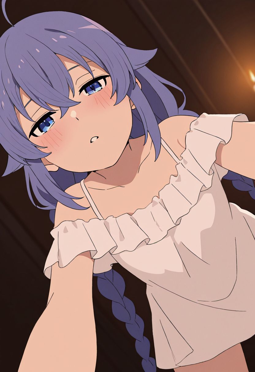 masterpiece, best quality, newest, absurdres, highres, detailed eyes, beautiful, detailed background, perfect eyes, anime coloring, 1girl, solo, petite, roxy migurdia, blue hair, long hair, twin braids, hair between eyes, ahoge, blue eyes, small breasts,  RoxyNightB, nightgown, white short dress, frills, collarbone, bare shoulders, barefeet, bent over, leaning forward, (from below:1.2), girl on top, half-closed eyes, looking at viewer, 1boy, clothed, pov, (close-up), (imminent kiss), (blush:1.3), dutch angle, cowboy shot, (indoors, bedroom, dark, soft light, [[candlelight]]), <lora:roxy_mskt_xl:0.8>