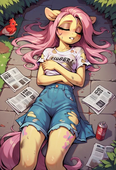score_9, score_8_up, score_7_up, score_6_up, outside, rooster costume, chicken,
1girl, Fluttershy (mlp), (anthro pony), skinny, homeless, dirty, skinny, hungry, covering with newspaper, dirty clothes, torn, clothes, laying on the ground, dirty hair, rat, sleeping, night, street, asphalt