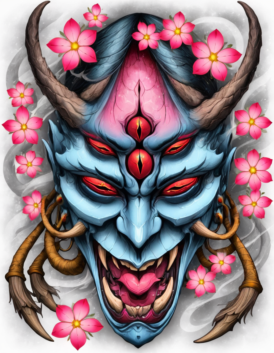 <lora:t3v3-000006:0.8>t3v3, white background, third eye, horns, fangs, flowers