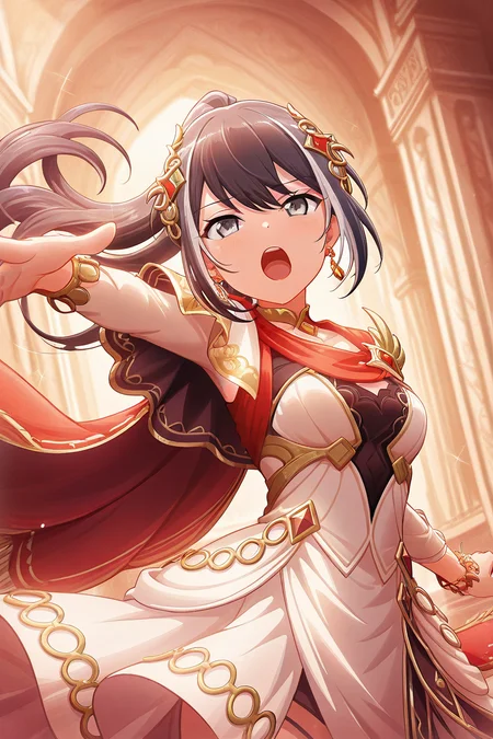 masterpiece, best quality, amazing quality,
<lora:Kuina_IL:1> kuina, 1girl, solo, grey eyes, long hair, open mouth, dress, hair ornament, ponytail, jewelry, upper teeth only, official alternate costume, outstretched arm, bangs, white dress, looking at viewer, teeth, floating hair, earrings, cape, multicolored hair, red cape, caesarsk