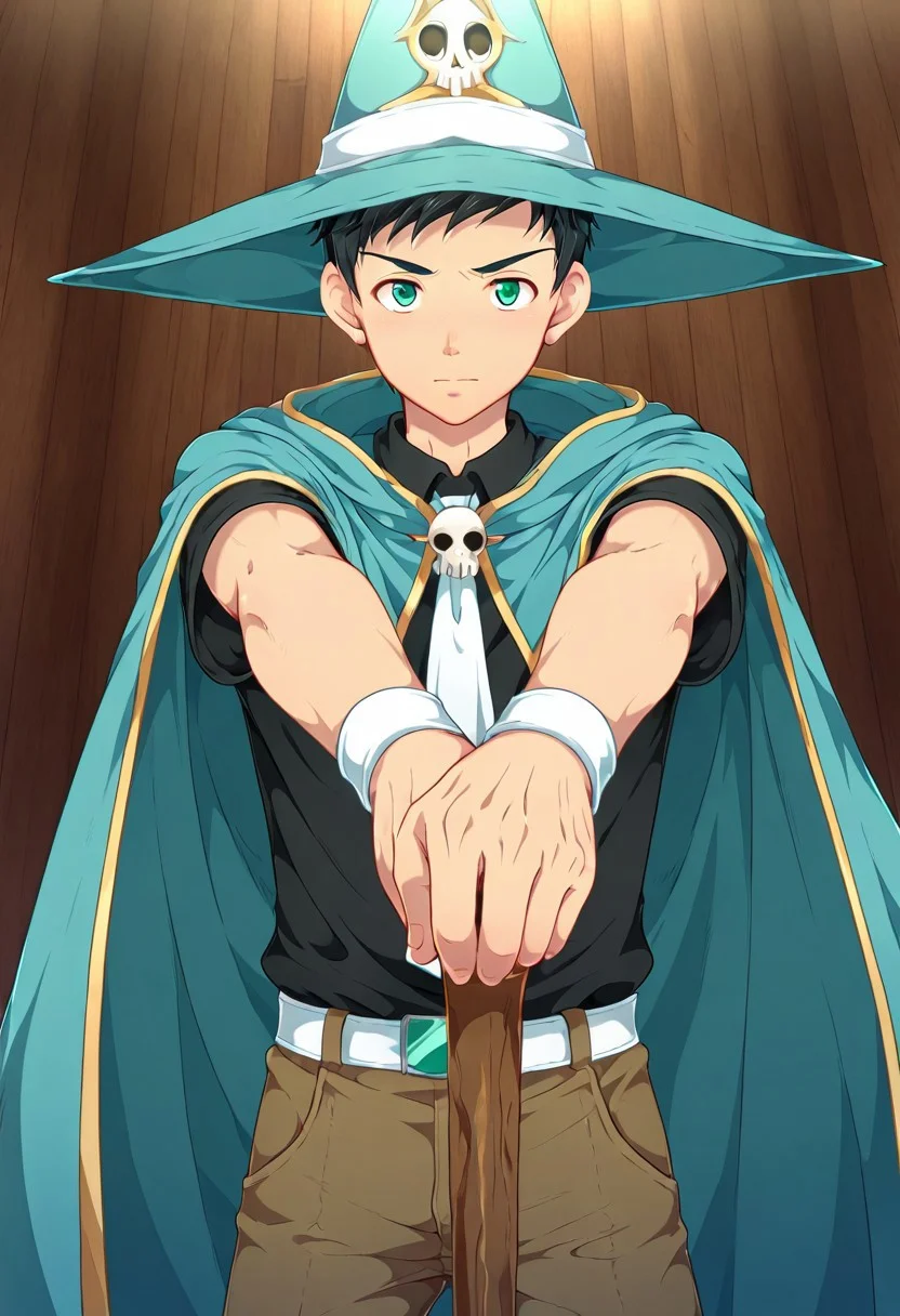yuto_umemura, black hair, short hair, mint green eyes, teen, 1boy, solo, male focus, large blue wizard hat with white band, long blue cloak with jagged dark yellow trim, black shirt and white tie, tall wooden staff topped with a skull, aiming to viewer pose, perfect hands, perfect eyes, highly detailed, cinematic style, dramatic lighting, detailed draw, detailed eyes, high quality, best quality, high definition