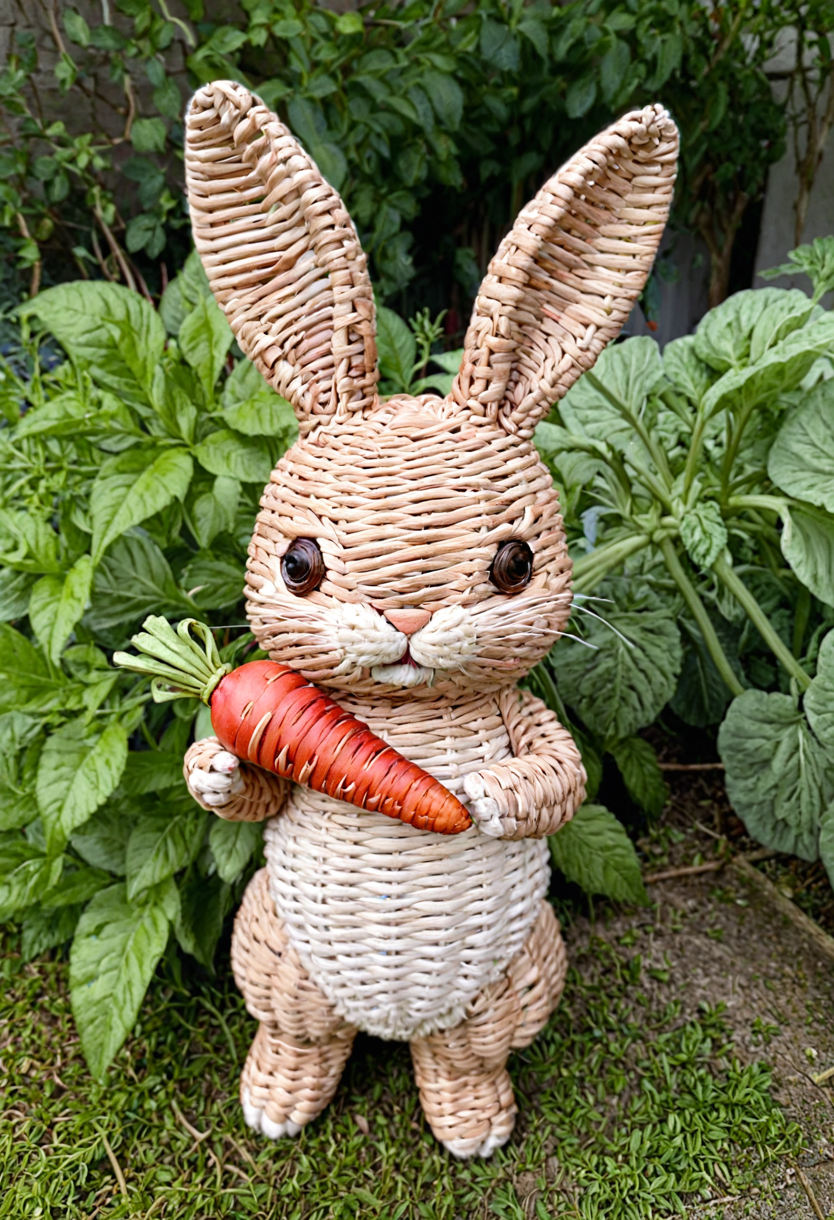 wkrstyle, a cute bunny, in a garden, holding a red carrot, 