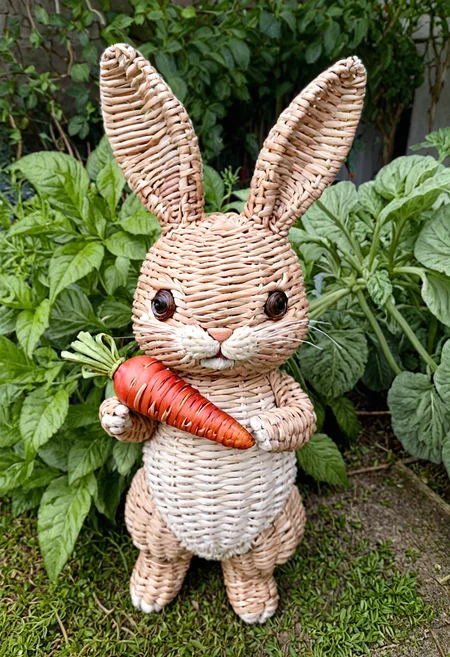 wkrstyle, a cute bunny, in a garden, holding a red carrot,