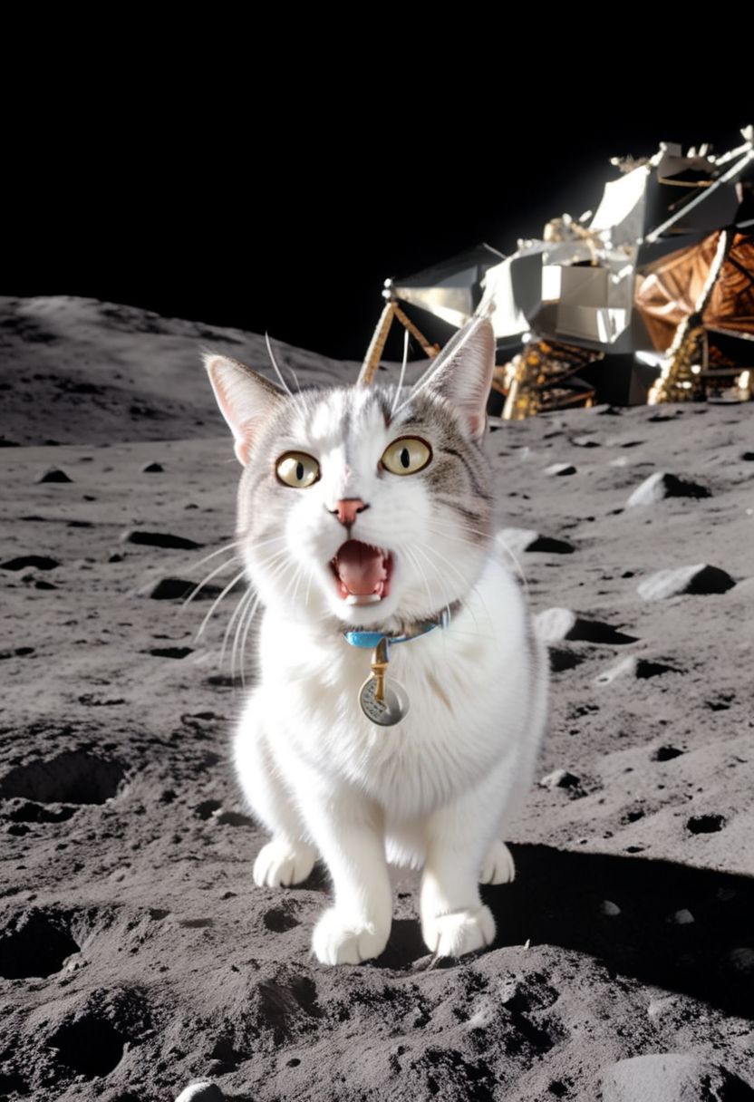 ASCII,masterpiece, hyper detailed, 8k, ray tracing, ultra sharp,
cinematic film still anime artwork,  cfb ,close up of a surprised and shocked cat foreground, (a mission apollo on the moon background:1.3), vibrant, highly detailed,  shallow depth of field,,cinemascope, moody, epic, gorgeous, film grain, grainy,meme,parody,deep black sky, apollo_style
