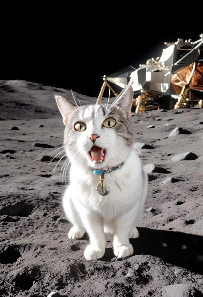 ASCII,masterpiece, hyper detailed, 8k, ray tracing, ultra sharp,
cinematic film still anime artwork, cfb ,close up of a surprised and shocked cat foreground, (a mission apollo on the moon background:1.3), vibrant, highly detailed, shallow depth of field,,cinemascope, moody, epic, gorgeous, film grain, grainy,meme,parody,deep black sky, apollo_style