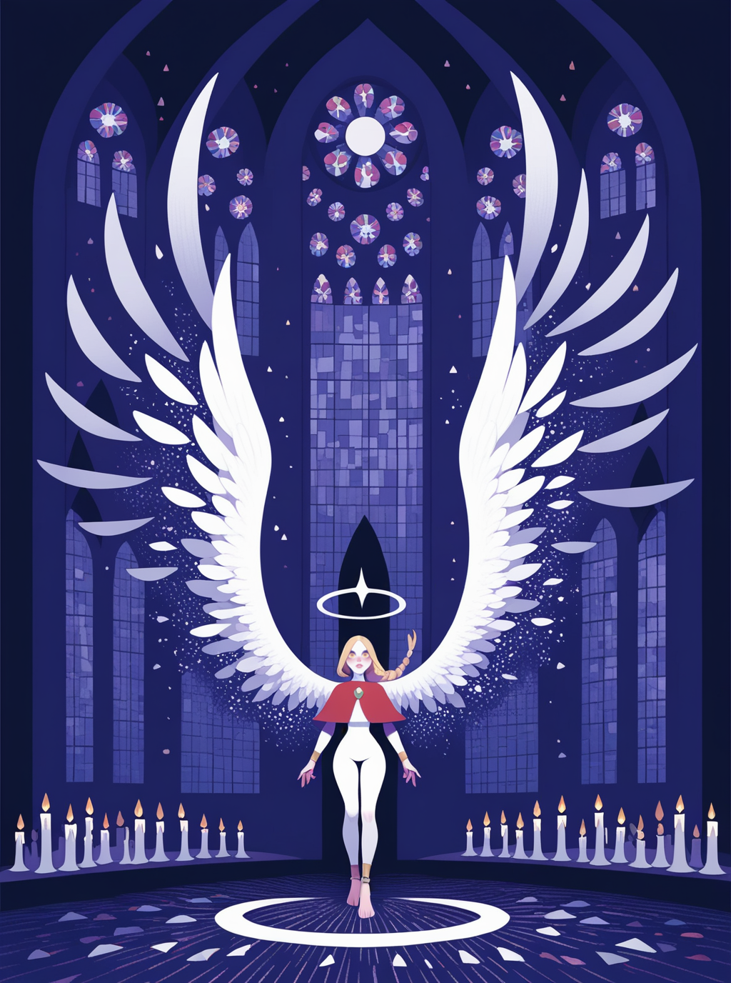 sref783, minimalistic, abstract,  full body of elf woman wearing white tabard and red capelet, nose, lips, pauldrons, blonde, single braid, wide hips, legwear, barefoot, anklet, glowing angel wings, glowing halo, yellow eyes, particles, night, dark atmosphere, temple indoors, candles, stained glass windows, solo, glass shards, dynamic pose <lora:sxz-sref783:0.8>