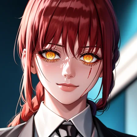 ((masterpiece)) best quality, highly detailed, realistic,(EMB_sksmakimatest,glowing eyes,scary exppresion:1.2), front view, looking at viewer, (sexy:1.2), (blood spray:1.2),(slight smile:1.3)
