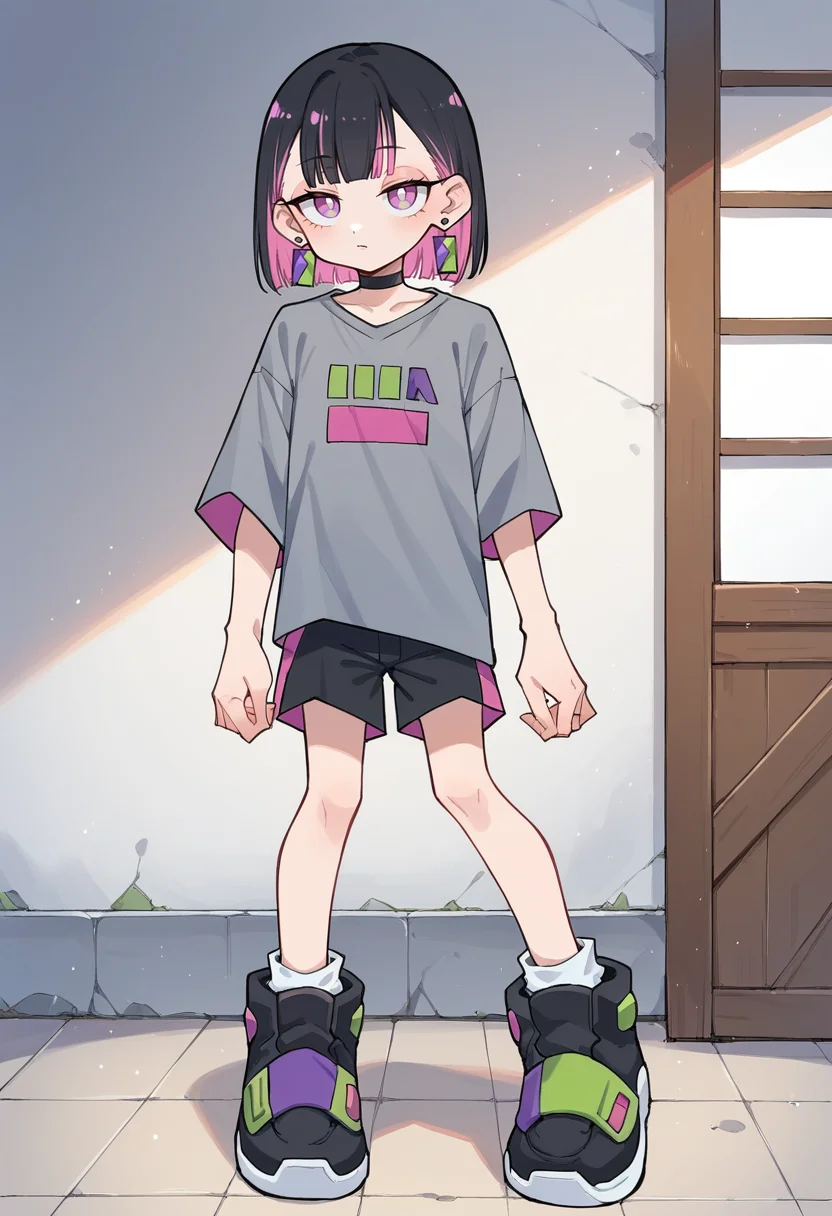 masterpiece, best quality, uncensored, source_anime BREAK score_9, score_8_up, score_7_up, score_6_up, score_5_up, score_4_up, 1girl, solo nirachan, multicolored hair, short hair, colored inner hair, black hair, pink hair, purple eyes, earrings, jewelry, choker, Expressiveh, grey shirt, black footwear, short sleeves, sneakers, shoes, black shorts, indoors <lora:Expressive_H:0.6> <lora:add-detail-xl:0.5> <lora:ZutomayoStudyMe:0.8>