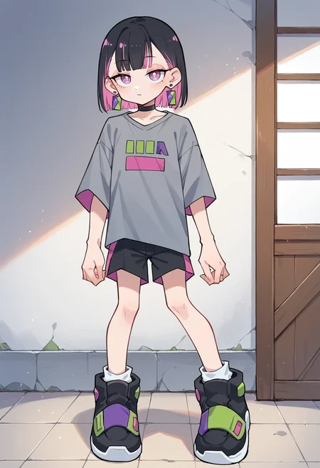 masterpiece, best quality, uncensored, source_anime BREAK score_9, score_8_up, score_7_up, score_6_up, score_5_up, score_4_up, 1girl, solo nirachan, multicolored hair, short hair, colored inner hair, black hair, pink hair, purple eyes, earrings, jewelry, choker, Expressiveh, grey shirt, black footwear, short sleeves, sneakers, shoes, black shorts, indoors <lora:Expressive_H:0.6> <lora:add-detail-xl:0.5> <lora:ZutomayoStudyMe:0.8>