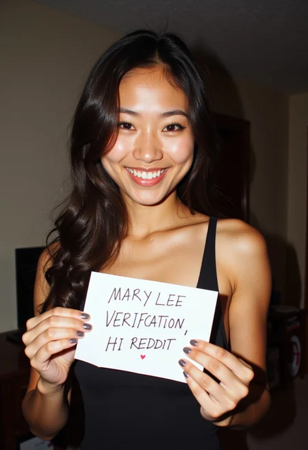 A candid iPhone photo of a young beautiful Asian American sorority woman, smiling at the camera.
(Holding up a verification handwritten note that says "MARY LEE VERIFICATION, HI REDDIT")
Kodak film photo, 2010s style, point and shoot. Instagram Myspace fickr. 
Wearing a tank top. flirting with the camera, cleavage, smiling, tight dress, striking eyes, detailed skin, (sweat:0.10), (pores:0.10). Colorful and realistic and sexy.  Film grain, slight depth of focus. ((Snapchat photo from 2010))