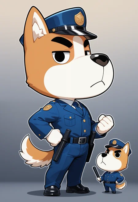 masterpiece,best quality, amazing quality, 1boy, c0pper, dog boy, chibi, black eyes, chibi, full body, blue necktie, white undershirt, blue collared shirt, blue pants, tail, black belt, baton (weapon), police hat, pose, confident,