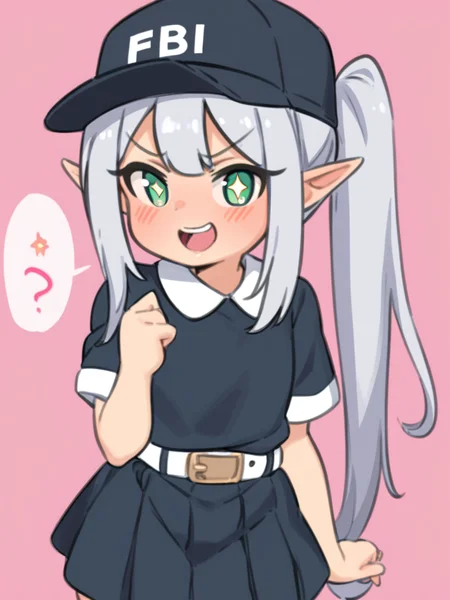 masterpiece, best quality, <lora:style578-a31-000020:1>,1girl, solo, hat, skirt, shirt, pink background, smile, pleated skirt, green eyes, pointy ears, white shirt, collared shirt, baseball cap, short sleeves, open mouth, :d, simple background, black skirt, looking at viewer, bangs, blush, belt, v-shaped eyebrows, blue headwear, black headwear, upper teeth only, side ponytail, cowboy shot, teeth, long hair, grey hair, sidelocks, +_+, elf, speech bubble,text fbi on hat,fbi word on hat,