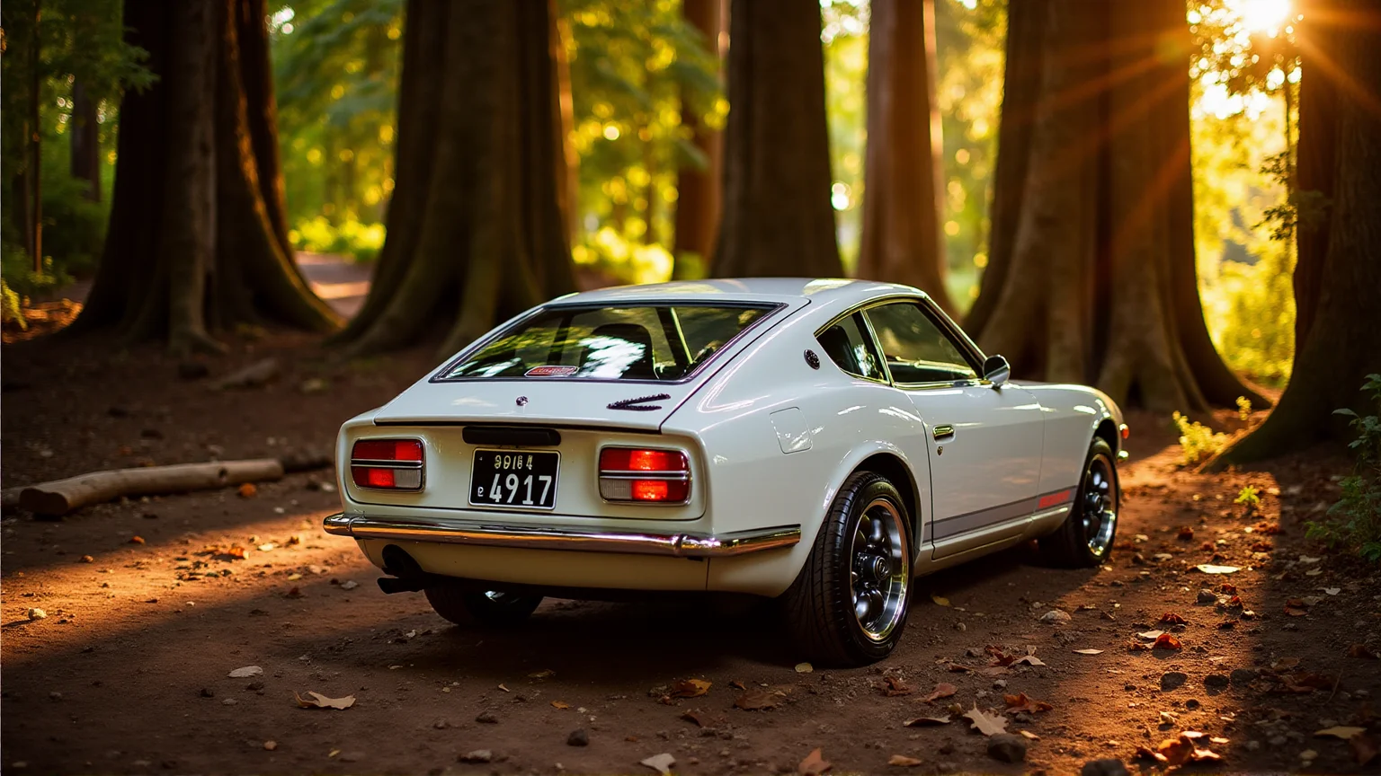 In a serene forest clearing during golden hour, a 1972 Nissan Datsun 240Z Fairlady in pearl white rests against the backdrop of towering redwoods. The round tail lights, nestled in rectangular housings, emit a faint glow as if ready to spring to life. The chrome ducktail spoiler gleams in the sunlight filtering through the trees, highlighting the carâs elegant yet aggressive stance. Fallen leaves scatter the ground, adding a rustic charm to the scene as the tranquil setting contrasts with the carâs sporty design
<lora:ral-nssndtsn_000001000:1>