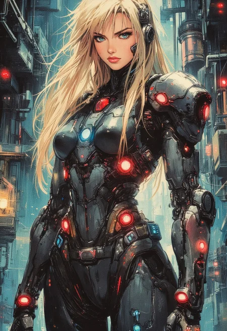 A fierce cyberpunk female warrior with long blonde hair, sharp teal eyes, and a determined expression. She is wearing a high-tech black and red armored suit with glowing red accents and cybernetic enhancements on her arms and headset. The background features a dark, industrial sci-fi environment filled with metallic pipes, neon lights, and mechanical details, creating a gritty, dystopian atmosphere. The art style is detailed, dynamic, and highly stylized with a strong anime influence, focusing on intense colors and dramatic lighting