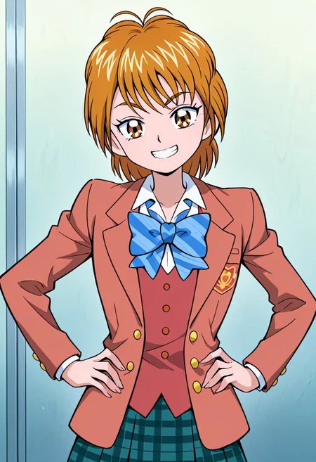 zPDXLx, mur4k4mi-ip,anime screencap, anime art style, traditional_media,detailed face,futari wa precure, misumi nagisa, 1girl, solo, school uniform, brown jacket, brown eyes, jacket, short hair, smile, brown hair, skirt, bow, blazer, blue bow, plaid skirt, hands on hips, plaid, grin, looking at viewer, bowtie