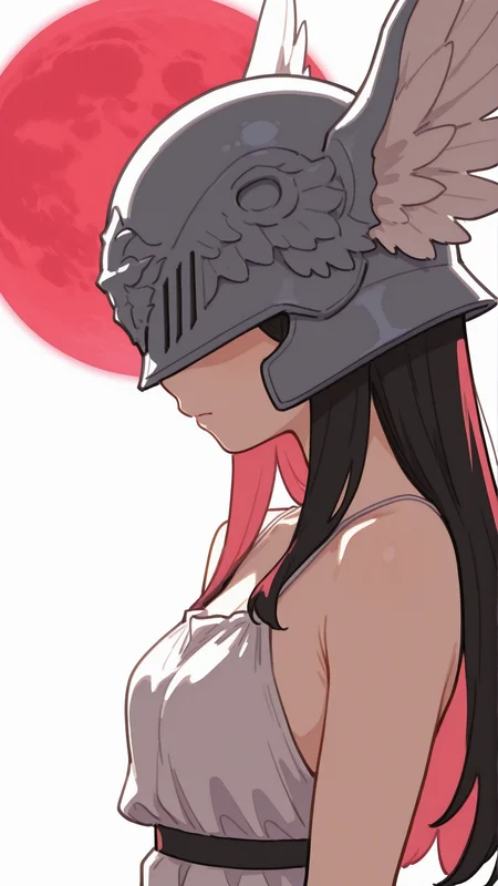masterpiece, best quality, amazing quality, highres, 1girl, long hair, dress, closed mouth, bare shoulders, helmet, covered eyes, red moon, winged helmet, white background, upper body, from side
 <lora:Artstyle__uwzoa_illustrious:1>
