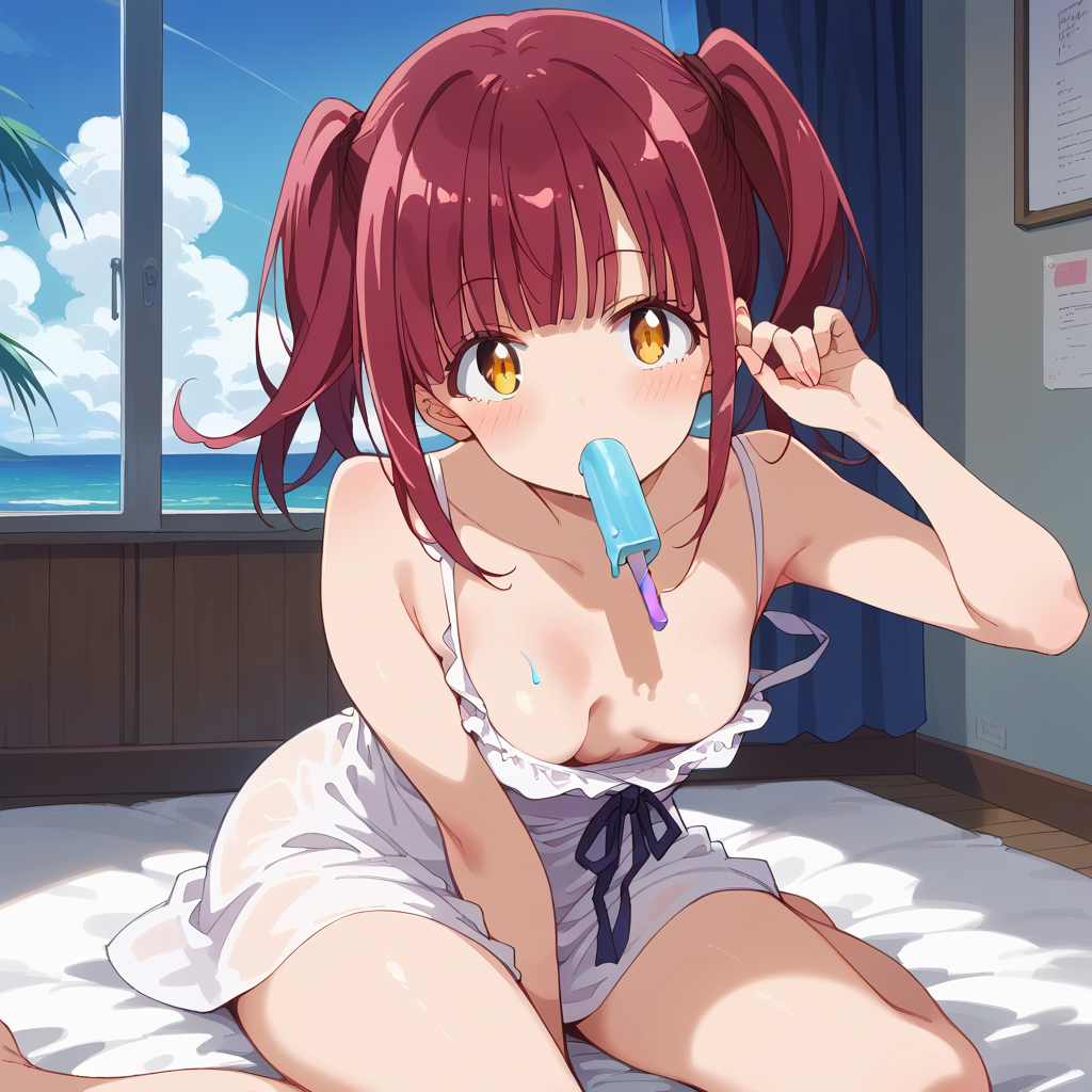score_9, score_8_up, score_7_up, source_anime, BREAK, ichiwana_konoka, 1girl, looking at viewer, blush,  small breasts, bare legs,  sundress,  no bra,  cleavage, popsicle,  sucking , holding <lora:ichiwana_konoka-ponyXL-v0.5:1>
