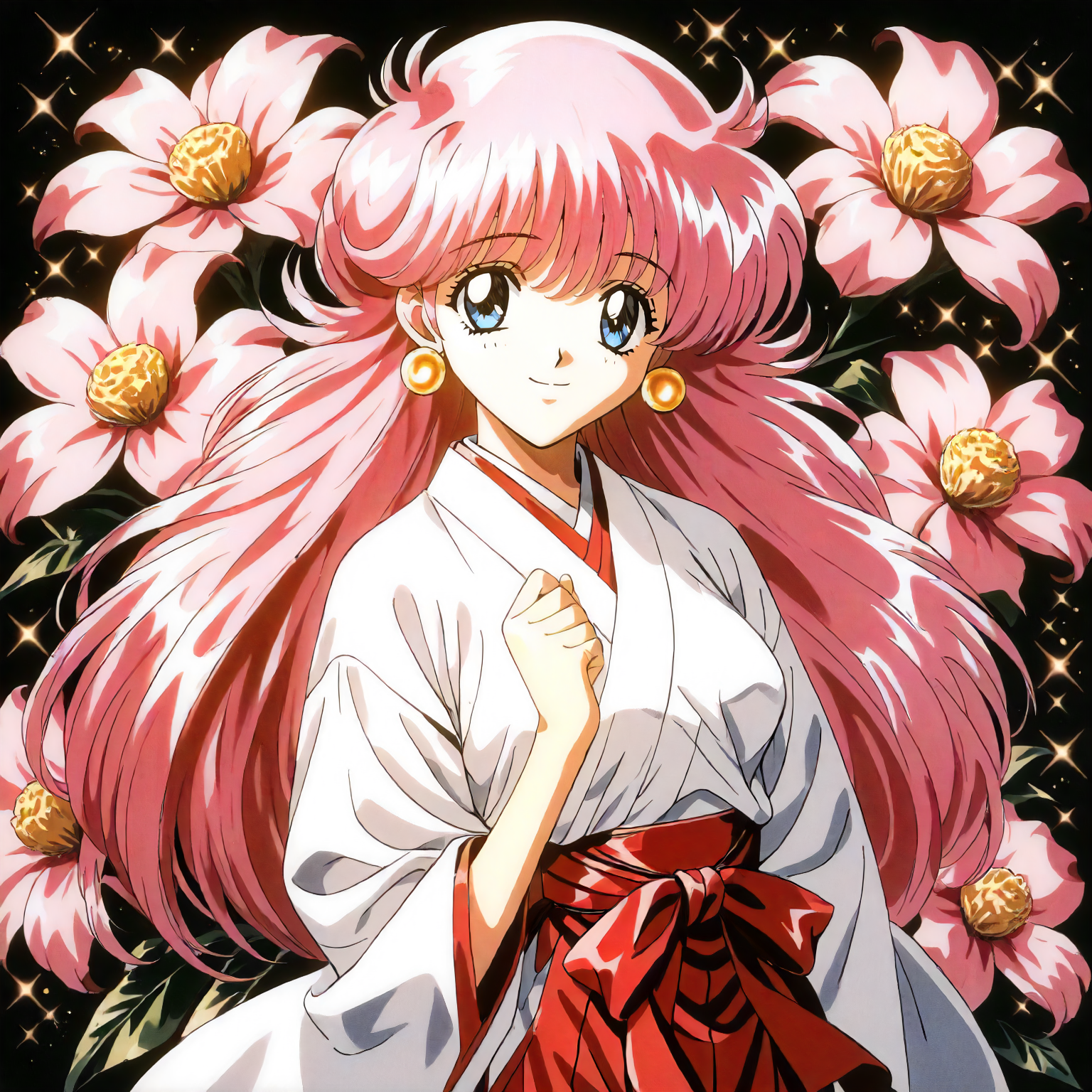 <lora:RC_sill_plainXLanimagine001>,
masterpiece,high score,great score,absurdres,
flower background,glitter,
smile,
looking at viewer,
solo,
anime coloring,retro artstyle,1990s (style),
sill_plain\(rance_series\),1girl,pink hair,long hair,blue eyes,earrings,
cowboy shot,standing,
miko,white kimono,red hakama,