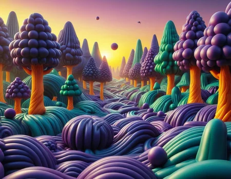 an inflatable dark purple rbbrwrld forest at sunset<lora:rbbrwrld:1>
