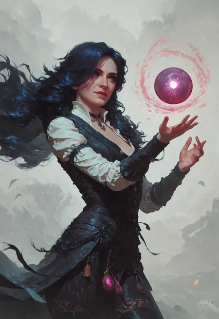 score_9, score_8_up, score_7_up, 1girl, yennefer_w3, magic, magic orb, purple eyes, <lora:Concept Art Style SDXL_LoRA_Pony Diffusion V6 XL:0.8>, concept art, <lora:witcher3_ciri_yen_triss_pony:0.5>