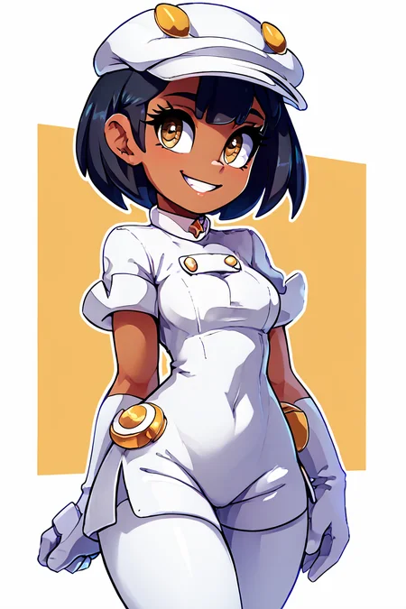 score_9, score_8_up, score_8, medium breasts, (curvy), cute, eyelashes, BREAK, , zzAether, dark skin, white cabbie hat, black hair, white uniform, white pantyhose, white gloves, <lora:Aether_Employee_Pokemon_PDXL_v1:0.8>, BREAK, smile, looking at viewer, abstract background, white outline, cowboy shot, embedding:zPDXL, Expressiveh, <lora:theOtherHalfPDXL:0.8>, <lora:CatalystStylePDXL:0.6>, <lora:SDXLFaeTastic2400:0.5>, <lora:Expressive_H-000001:0.4>,