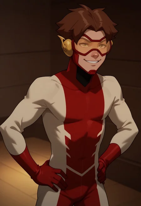 score_9, score_8_up, score_7_up, highly detailed, cute boy, 1boy, solo, Impulseyj, red framed goggles yellow lenz, red and white bodysuit, brown hair, smug smile, hands on hips