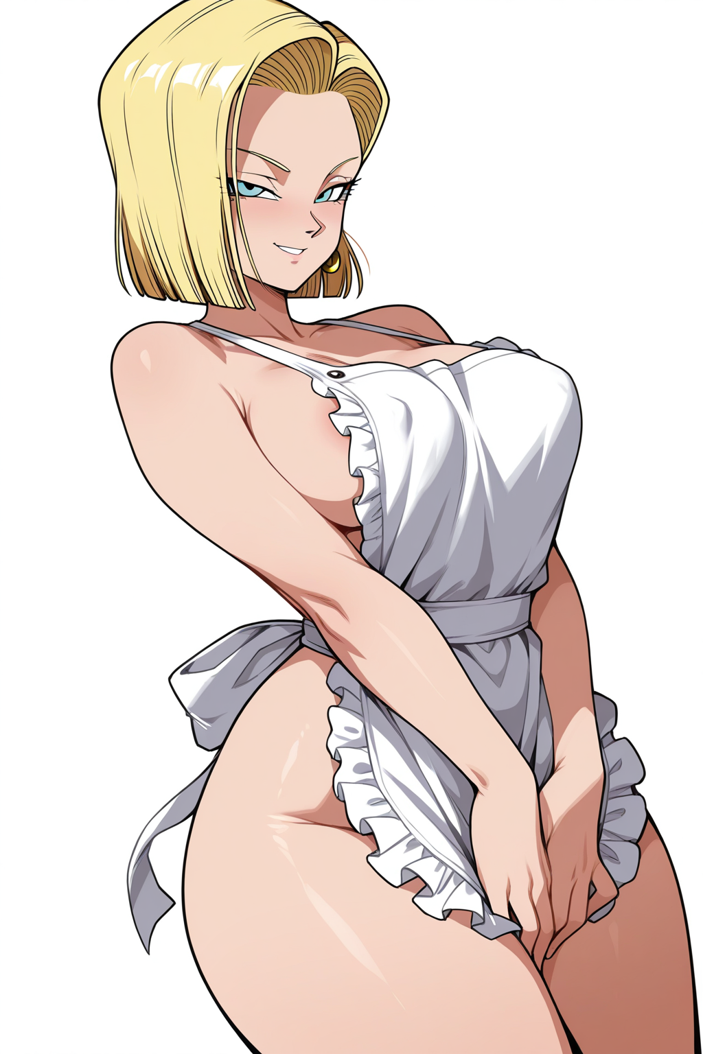 1girl, android 18, dragon ball z, naked apron, aroused, seductive smile, masterpiece, best quality, absurdres, amazing quality