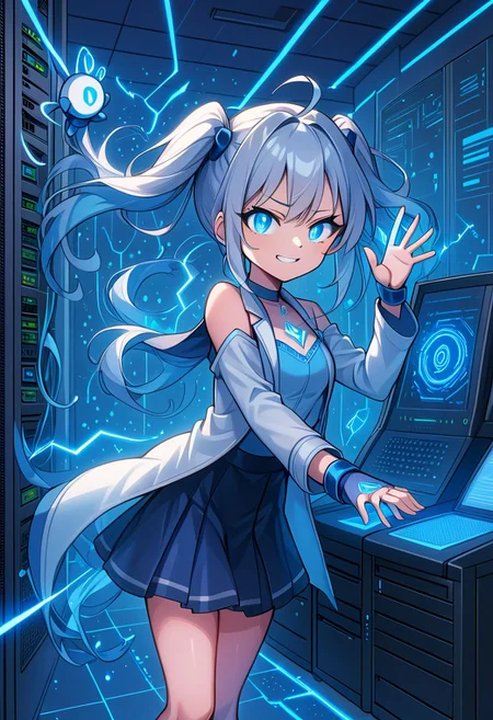 civbotchan, 1girl, raising her hand dramatically toward a massive central console, initiating a glowing reboot sequence, energy surging through digital cables, blue electricity and hexagons swirling around her, confident smirk, her robot companion floating by her shoulder, server room environment, magical girl x sysadmin aesthetic