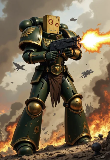 A towering, battle-worn Space Marine clad in intricately detailed power armor, standing amidst the chaos of a futuristic battlefield. Flames and smoke billow in the background as he fires a massive, roaring heavy bolter, the recoil shaking his armored frame. Instead of a helmet or human head, the Space Marine has Plank from Ed, Edd n Eddy seamlessly attached to his neck joint. Plank's wooden face remains eerily expressionless, contrasting with the intense action around him. The scene is rendered in a gritty, semi-realistic style, with glowing energy effects from the bolter's muzzle flare and a dystopian, war-torn environment. The absurdity of Plank's presence adds a surreal, darkly comedic tone to the otherwise grim and epic sci-fi setting